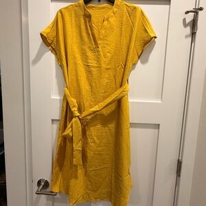 SHEIN Yellow Tie-Waist Midi Linen Dress